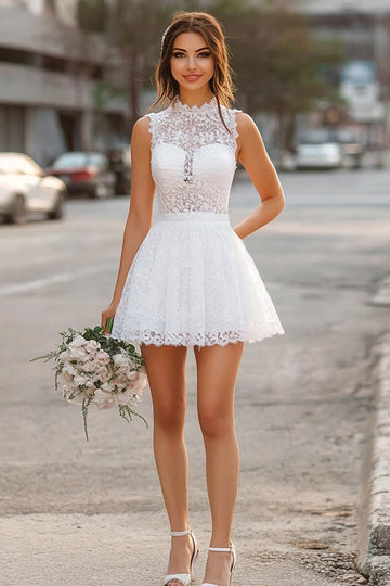Halter A Line Lace Little White Dress